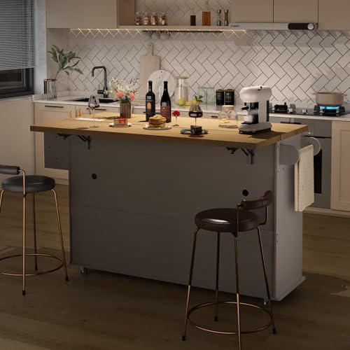 Kitchen Island with Power Outlet & Drop Leaf, Rolling Cart with Storage J137407