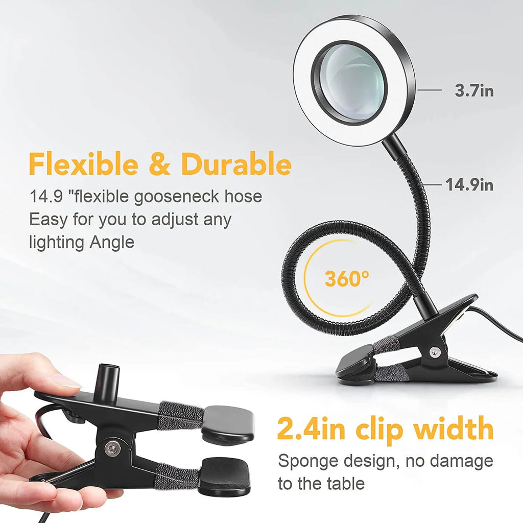 LED Magnifying Glass Desk Lamp with Clamp, Dimmable Gooseneck U7165