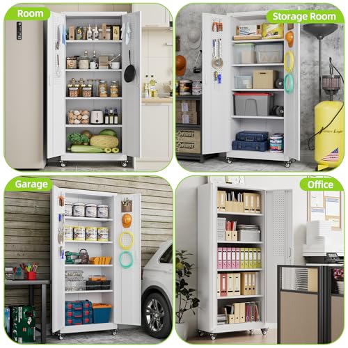 Metal Storage Cabinet with Wheels, 73" H, Locking Doors and Adjustable Shelves A1751