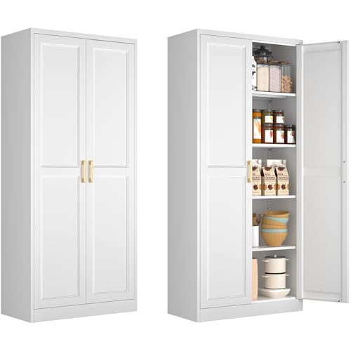 Tall Kitchen Storage Cabinet with Doors and Adjustable Shelves, Black Freestanding Cupboard J20442
