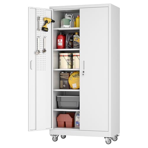 Metal Storage Cabinet with Wheels, 73" H, Locking Doors and Adjustable Shelves A1751