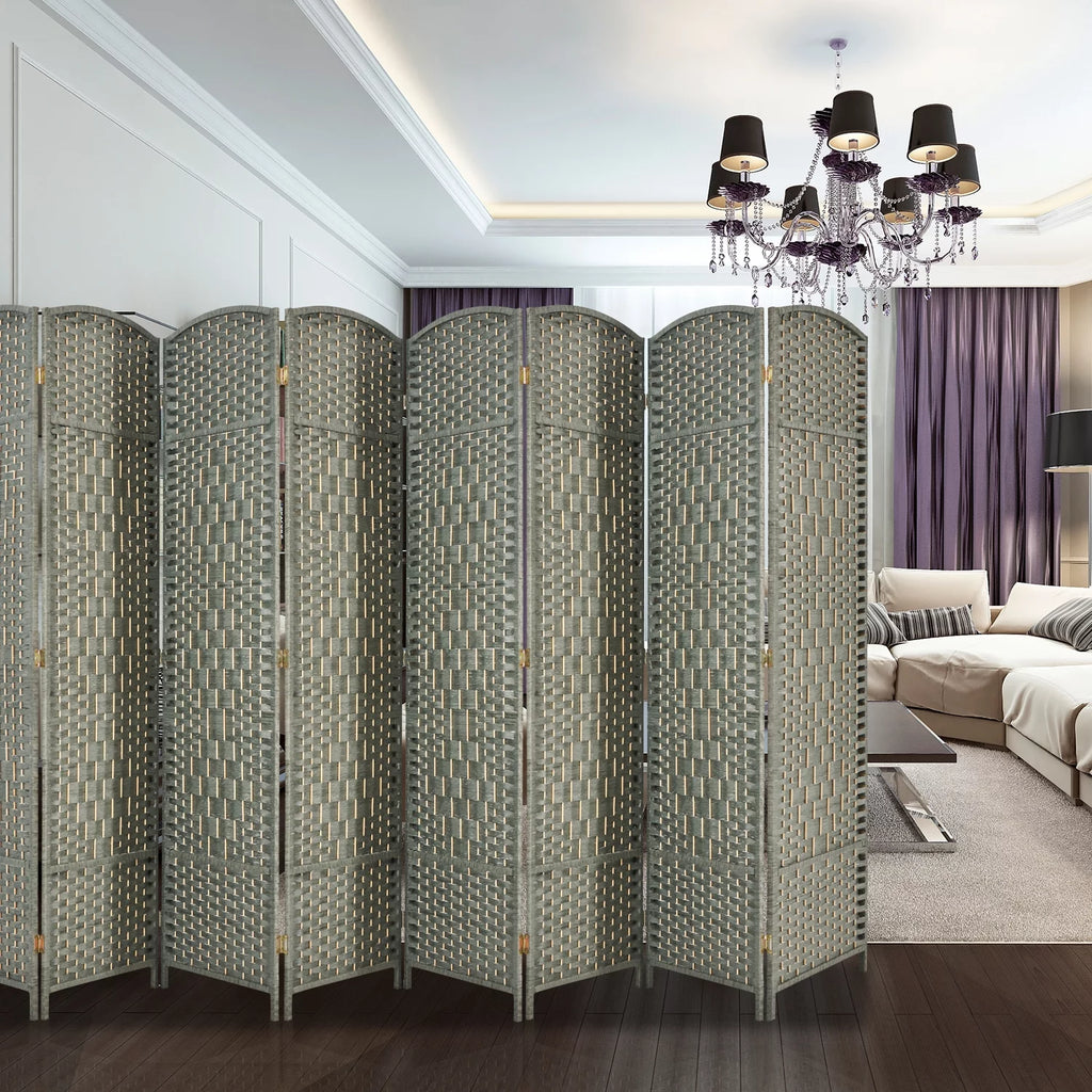 5.7ft Wood Fiber Woven Room Divider 8 Panels, Foldable Grey M77769