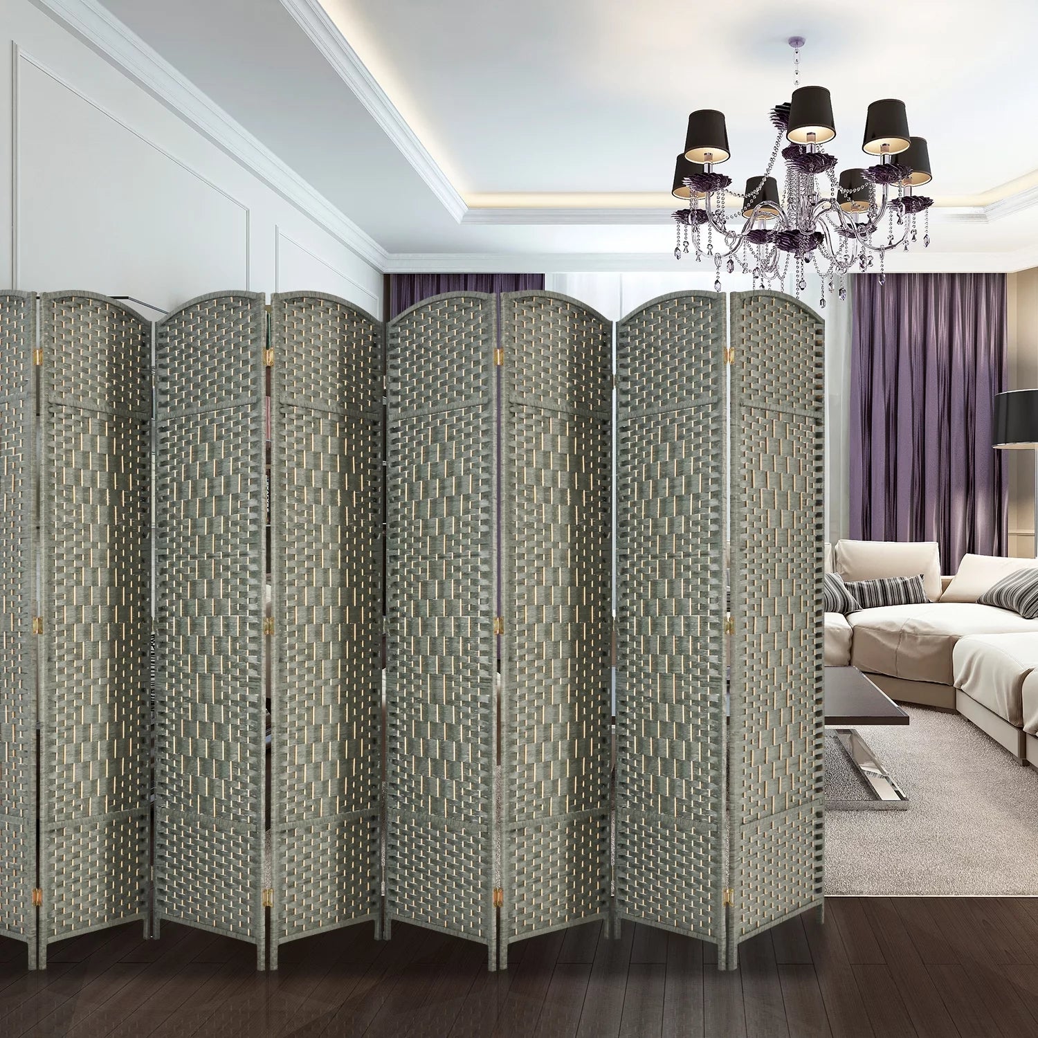 5.7ft Wood Fiber Woven Room Divider 8 Panels, Foldable Grey M77769