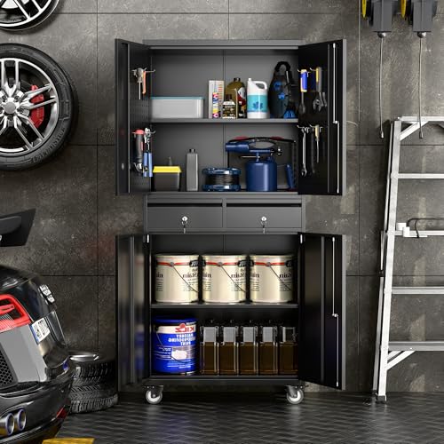 Metal Storage Cabinet with Wheels, 73" H, Locking Doors and Adjustable Shelves A1751