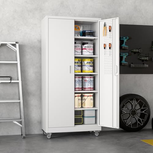Garage Storage Cabinet with Wheels, 72" H, 2 Doors, 4 Adjustable Shelves, Black R4307