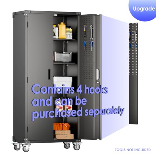 Garage Storage Cabinet with Wheels, 72" H, 2 Doors, 4 Adjustable Shelves, Black R4307