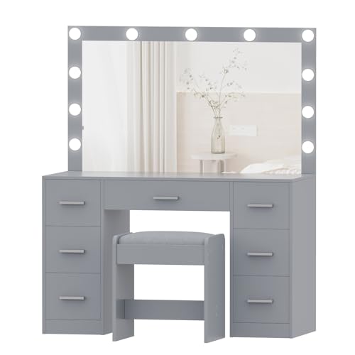 Vanity Desk with Stool, Lighted Mirror, 3 Color Lighting Modes, Dressing Table with Drawers U774924