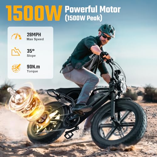 Electric Bike for Adults, 1500W Peak Brushless Motor, 28 MPH, Fat Tire, 48V Removable Battery S504