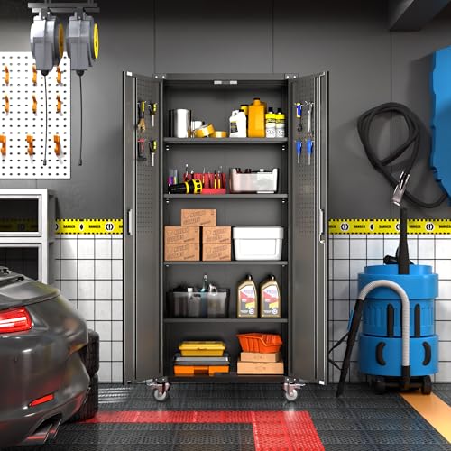 Garage Storage Cabinet with Wheels, 72" H, 2 Doors, 4 Adjustable Shelves, Black R4307