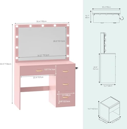 Vanity Desk Set with LED Mirror and Lights, Makeup Table with Drawers & Stool N790324