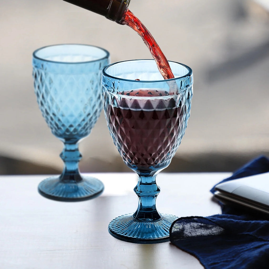 Embossed Retro Glass Goblet 8 oz for Wine and Beverage, Set of 6 J55086
