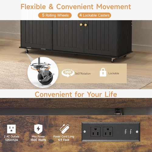 Kitchen Island with Power Outlet & Drop Leaf, Rolling Cart with Storage J137407