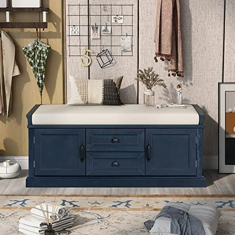 Solid Wood Shoe Bench with 3 Doors and Removable Cushion P521