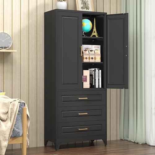 Tall Kitchen Storage Cabinet with Doors and Adjustable Shelves, Black Freestanding Cupboard J20442
