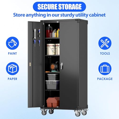 Garage Storage Cabinet with Wheels, 72" H, 2 Doors, 4 Adjustable Shelves, Black R4307