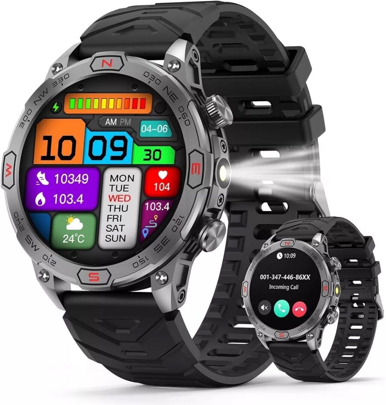 Smart Watch for Samsung Galaxy S8 - with LED Flashlight, 1.43" AMOLED Display, Outdoor Smartwatch with Compass/Altitude/Air Pressure, Waterproof Fitness Tracker Watch