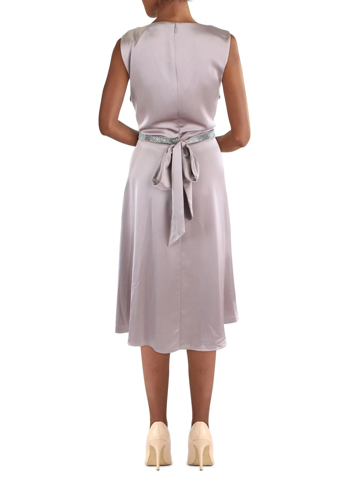 Purple Zippered Pleated Crystal-embellished Tie Belt Sleeveless Surplice Cocktail Fit + Flare Dress Z8161