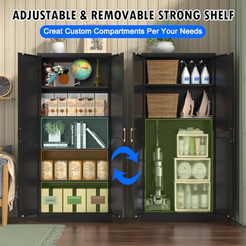Tall Kitchen Storage Cabinet with Doors and Adjustable Shelves, Black Freestanding Cupboard J20442