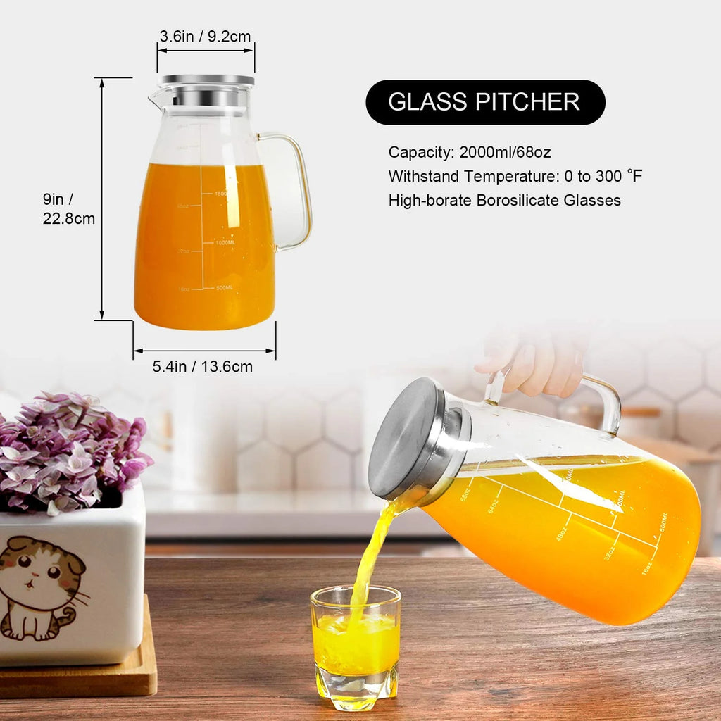 Glass Pitcher with Lid, 68oz Stainless Steel Iced Tea Pitcher G596565