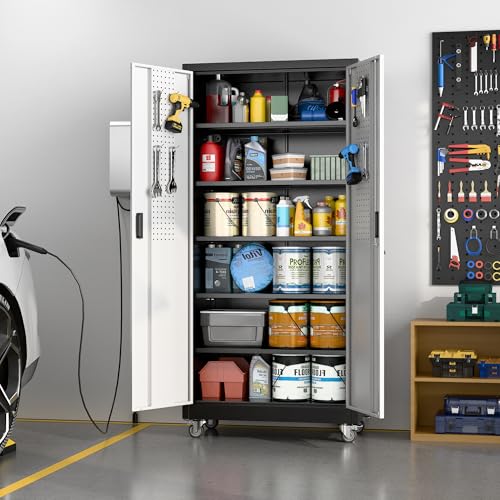 Garage Storage Cabinet with Wheels, 72" H, 2 Doors, 4 Adjustable Shelves, Black R4307