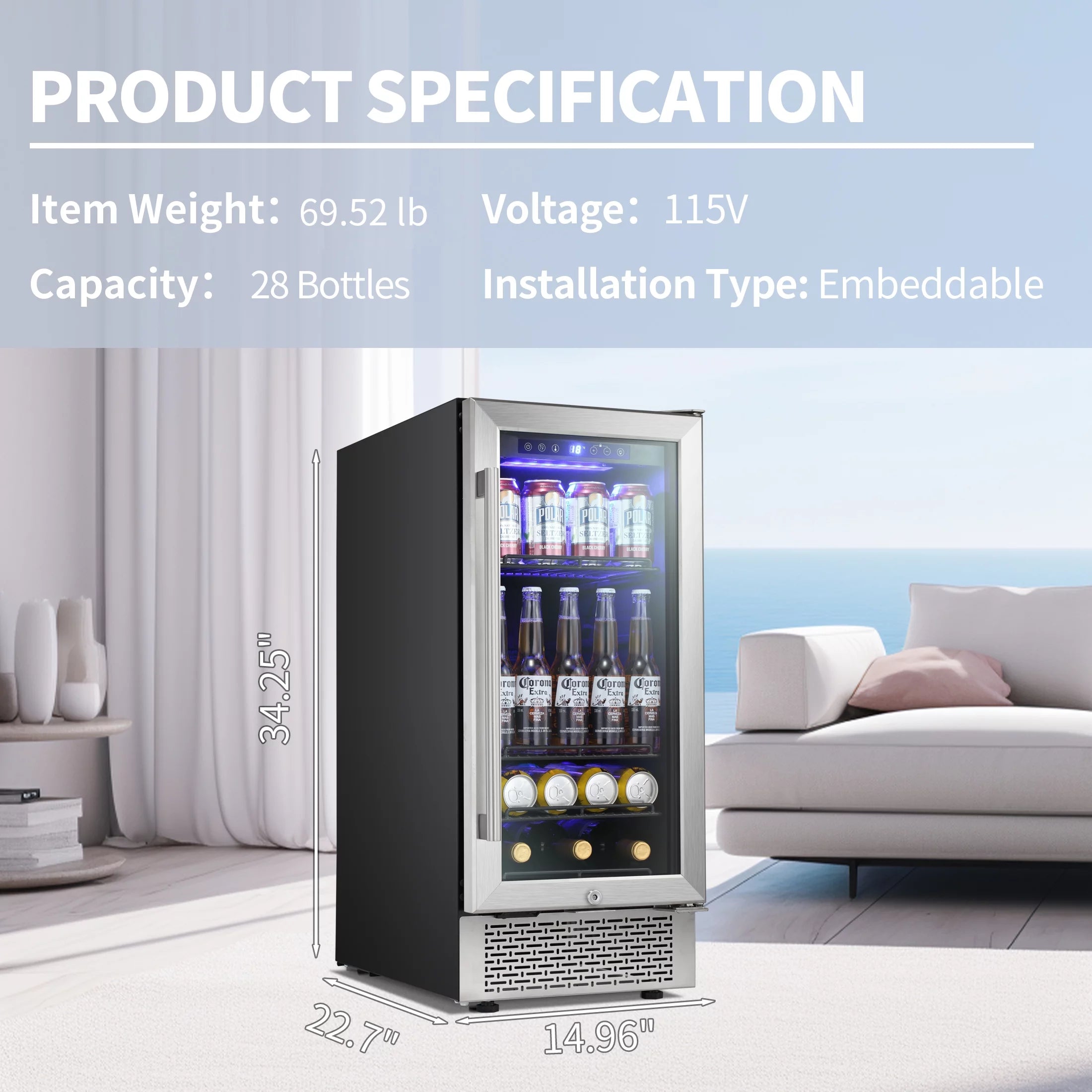 15 inch Beverage Refrigerator with Clear Glass Door and Digital Temperature Control R6948