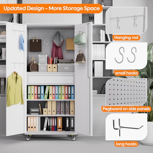 Metal Storage Cabinet with Wheels, 73" H, Locking Doors and Adjustable Shelves A1751