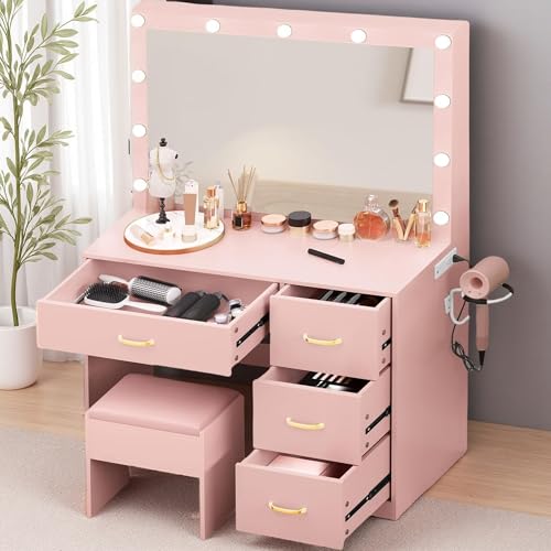 Vanity Desk Set with LED Mirror and Lights, Makeup Table with Drawers & Stool N790324
