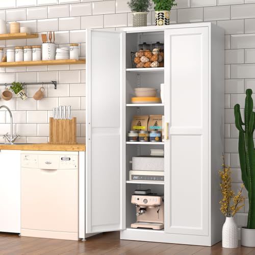 Tall Kitchen Storage Cabinet with Doors and Adjustable Shelves, Black Freestanding Cupboard J20442