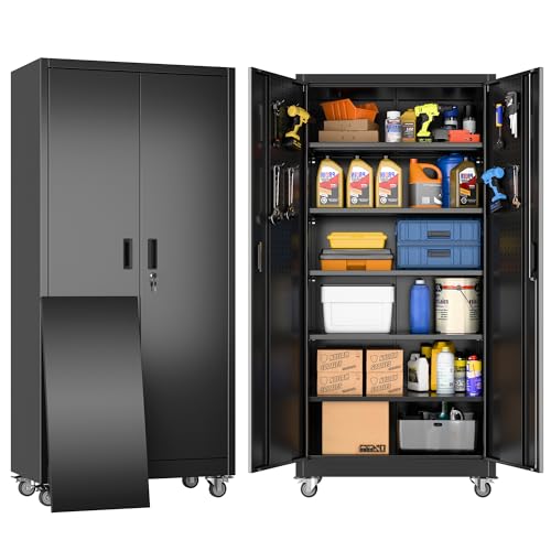 Metal Storage Cabinet with Wheels, 73" H, Locking Doors and Adjustable Shelves A1751