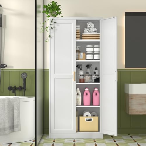 Tall Kitchen Storage Cabinet with Doors and Adjustable Shelves, Black Freestanding Cupboard J20442