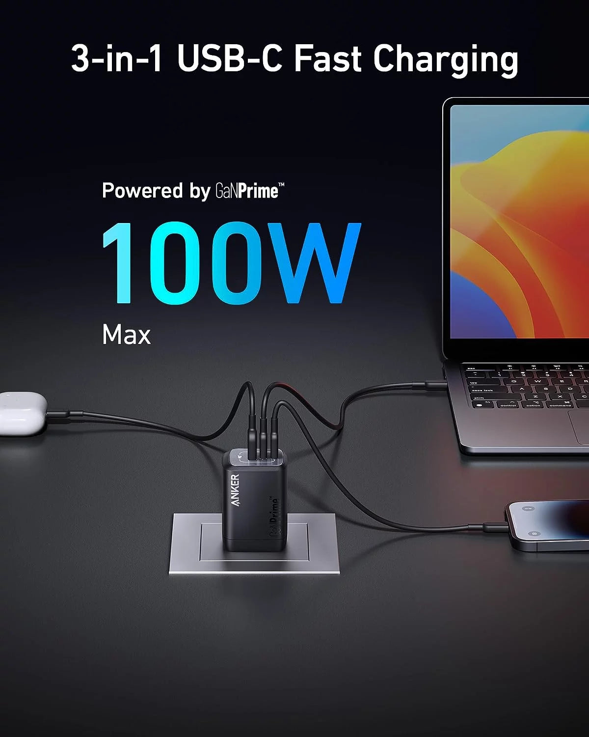 100W USB C GaN Wall Charger, 3-Port Compact Fast Charger F347516