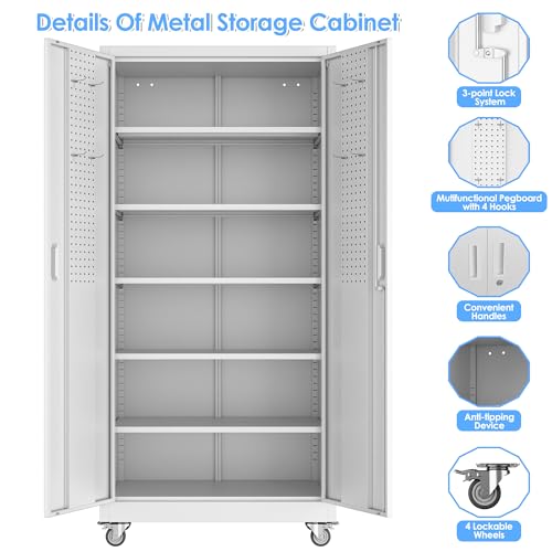 Garage Storage Cabinet with Wheels, 72" H, 2 Doors, 4 Adjustable Shelves, Black R4307