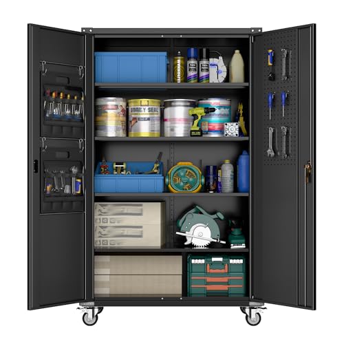 Garage Storage Cabinet with Wheels, 72" H, 2 Doors, 4 Adjustable Shelves, Black R4307