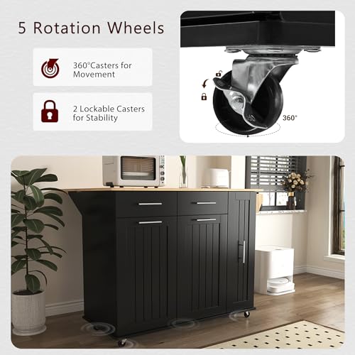 Large Kitchen Island with Drop Leaf, Rolling Cart, Power Outlet and Storage A3211