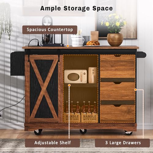 Farmhouse Kitchen Island with Drop Leaf, Barn Door and Power Outlet C3058