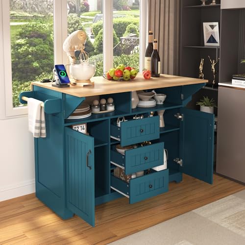 Foldable Kitchen Storage Island Cart with Drop Leaf Extensions and Wheels C5218
