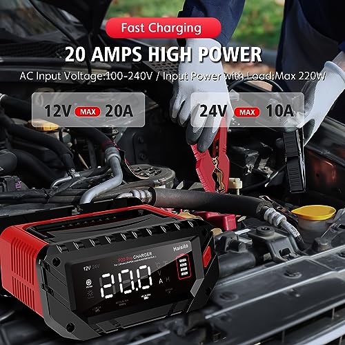 20 Amp Lithium Battery Charger, 12V and 24V LiFePO4, Lead-Acid Portable Car Battery Charger A814524