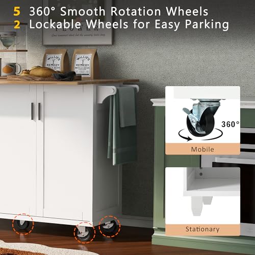 Large Kitchen Island with Drop Leaf, Rolling Cart, Power Outlet and Storage A3211