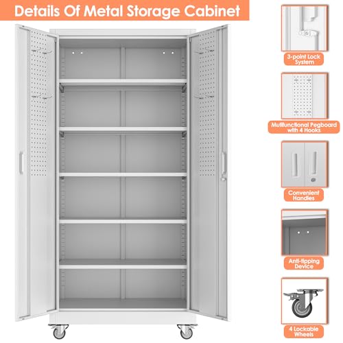Metal Storage Cabinet with Wheels, 73" H, Locking Doors and Adjustable Shelves A1751