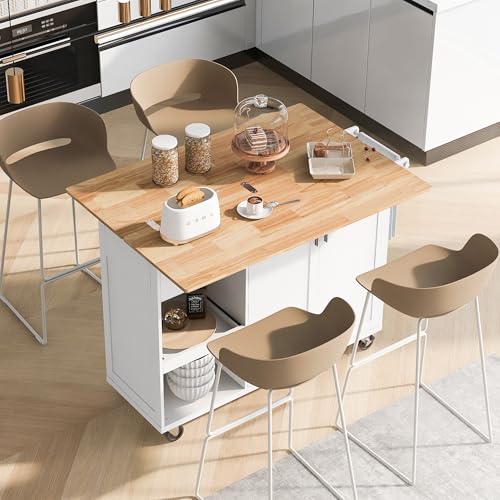 Large Kitchen Island with Drop Leaf, Rolling Cart, Power Outlet and Storage A3211