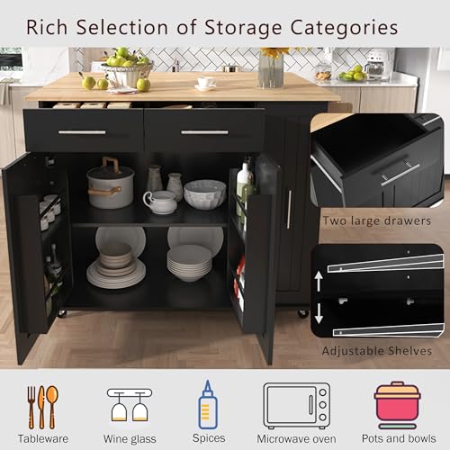Large Kitchen Island with Drop Leaf, Rolling Cart, Power Outlet and Storage A3211