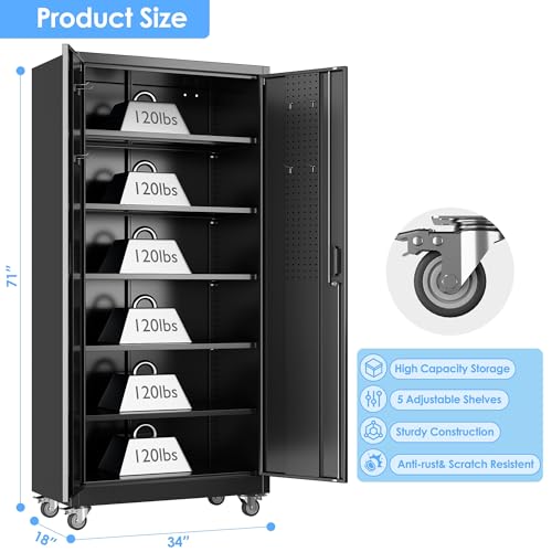 Garage Storage Cabinet with Wheels, 72" H, 2 Doors, 4 Adjustable Shelves, Black R4307