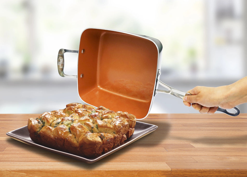 6 Qt Nonstick Copper Deep Square Casserole Pan & Stock Pot 4 Piece Set with Frying Basket and Steamer Tray I80644