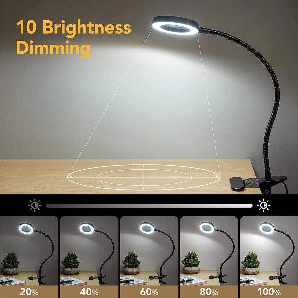 LED Magnifying Glass Desk Lamp with Clamp, Dimmable Gooseneck U7165