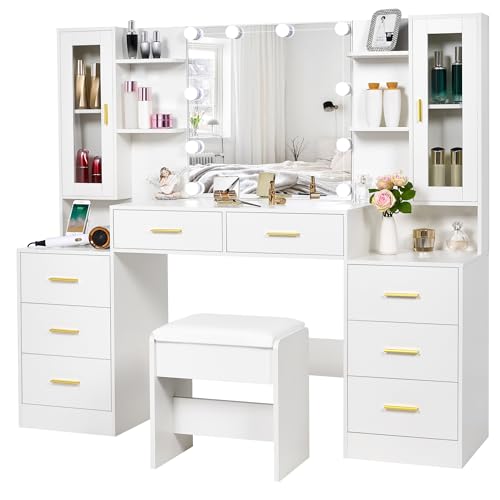 59.1" Vanity Desk with Mirror and Lights, 8 Drawers, 3 Lighting Modes N498542