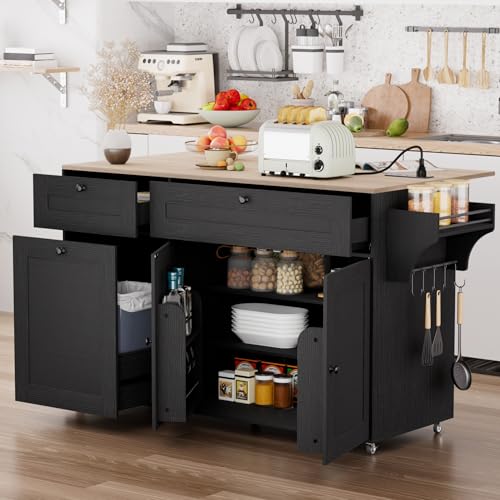 Kitchen Island on Wheels with Storage, Drop Leaf and Power Outlet I19403