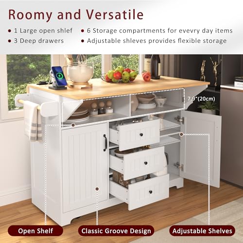 Large Kitchen Island with Drop Leaf, Rolling Cart, Power Outlet and Storage A3211