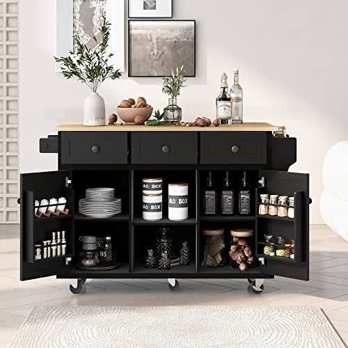 Large Kitchen Island with Drop Leaf, Rolling Cart, Power Outlet and Storage A3211
