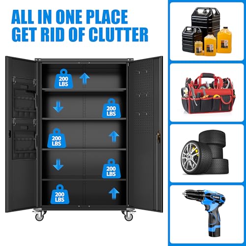 Garage Storage Cabinet with Wheels, 72" H, 2 Doors, 4 Adjustable Shelves, Black R4307