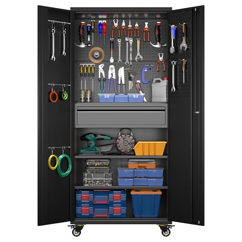 Metal Storage Cabinet with Wheels, 73" H, Locking Doors and Adjustable Shelves A1751